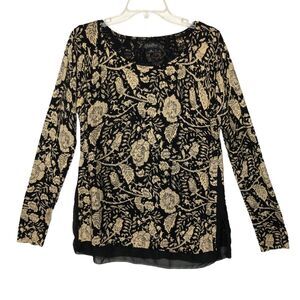 Lucky Brand Wms M Black Tan Floral Soft Sweater Sheer Insert Hem Dk Cottagecore